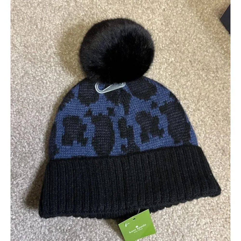 Kate Spade Poms Blue Black Beanie Hat Leopard Meow Retail $59
